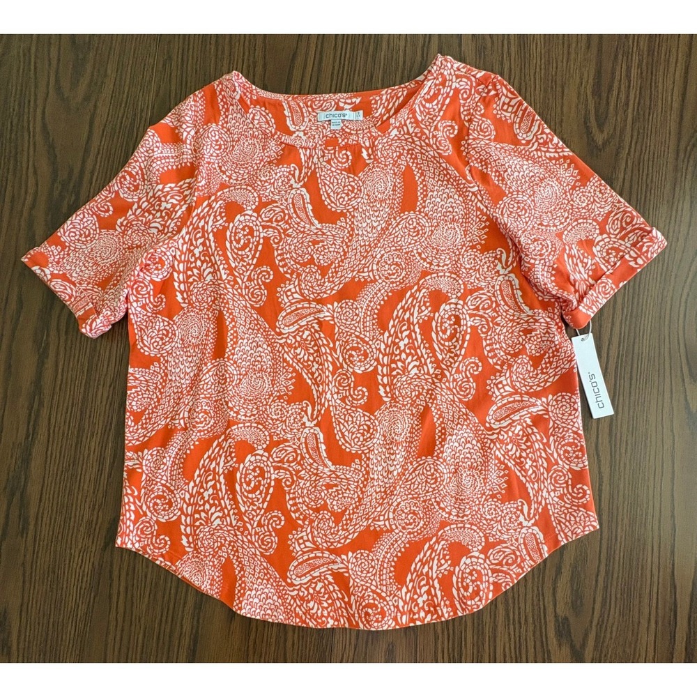NWT! Chico's Women Paisley Perfect Tee Size 2/L Orange Blossom Short Sleeve Knit